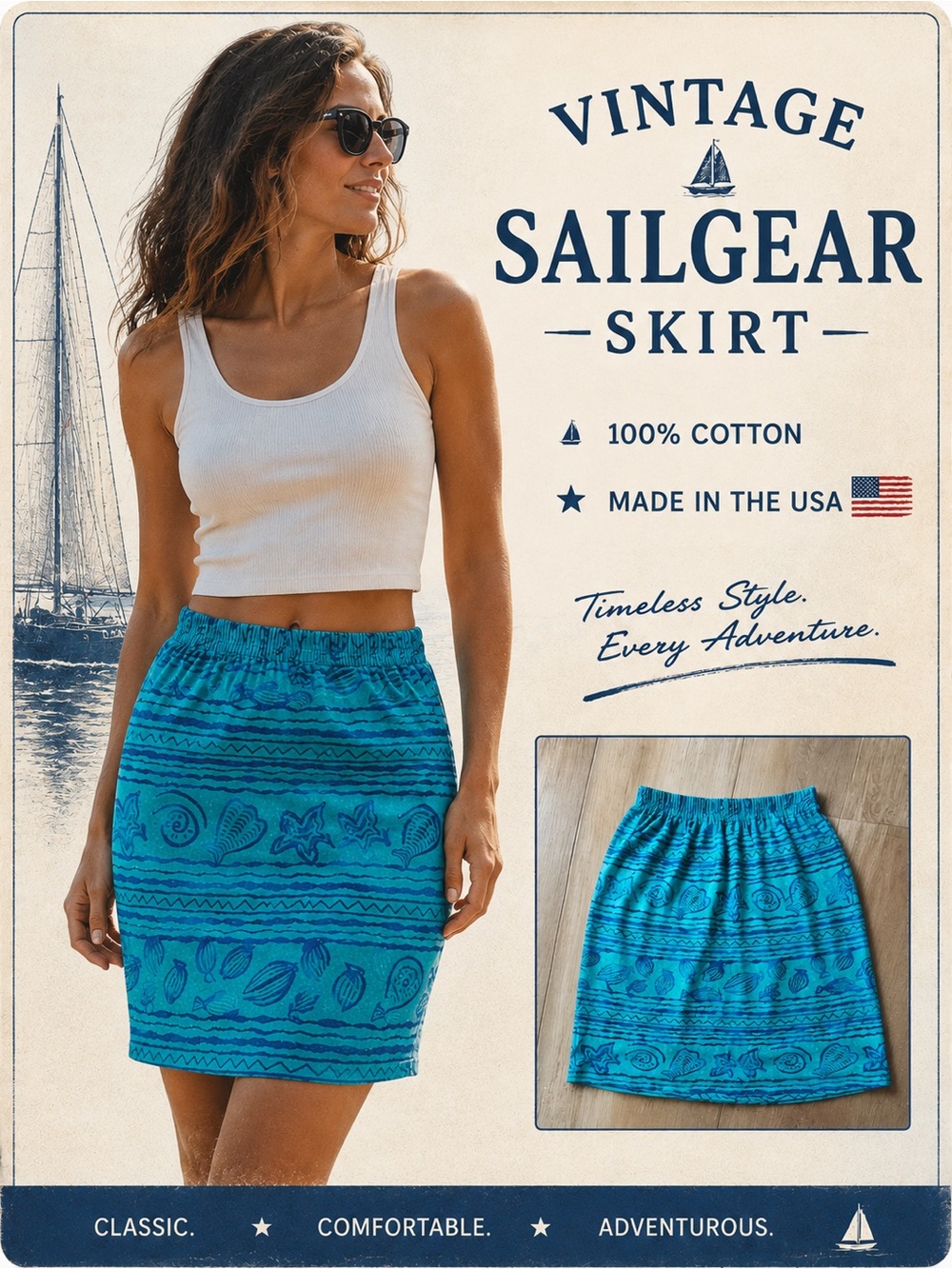 Vintage‎ Sailgear Blue Patterned Elastic Waist Skirt 100% COTTON size med